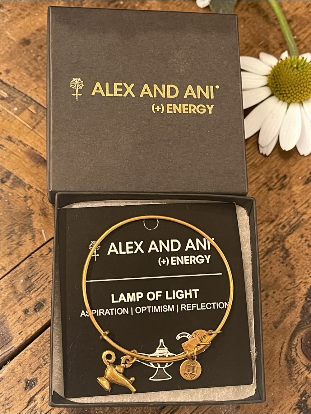 🪷 Alex and Ani Gold Lamp of Light Charm Bangle Bracelet with Box & Card